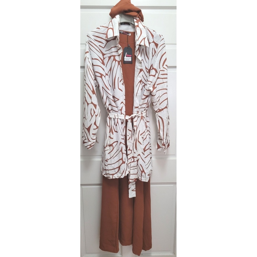Abaya Brand 3pc Muslim Modest Maxi Dress w/ Jacket & Scarf - Brown - Size 56